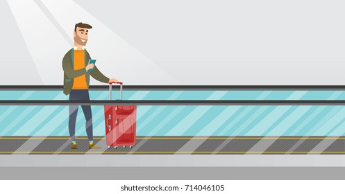 Young caucasian businessman using smartphone on an escalator at the airport. Businessman standing on escalator with suitcase and looking at smartphone. Vector cartoon illustration. Horizontal layout.