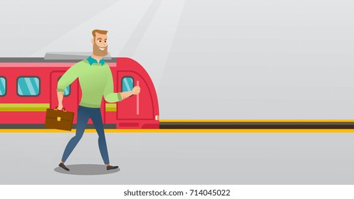 Young caucasian businessman walking on railway station platform on the background of train. Hipster businessman with briefcase going out of the train. Vector cartoon illustration. Horizontal layout.