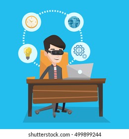 Young caucasian businessman wearing virtual reality headset and working on computer. Happy smiling businessman using virtual reality device in office. Vector flat design illustration. Square layout.