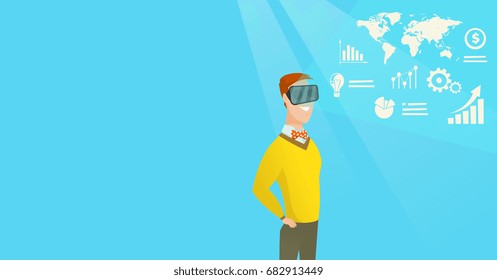 Young caucasian businessman wearing virtual reality headset and looking at digital display with business graphs. Businessman analyzing virtual data. Vector cartoon illustration. Horizontal layout.