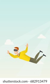 Young caucasian businessman wearing virtual reality headset and flying in sky. Man in virtual reality device having fun while flying in virtual reality. Vector cartoon illustration. Vertical layout.