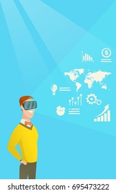 Young caucasian businessman wearing virtual reality headset and looking at digital display with business graphs. Businessman analyzing virtual data. Vector cartoon illustration. Vertical layout.