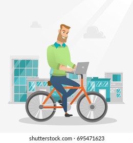 Young caucasian businessman working on a laptop while riding a bicycle. Hipster man riding a bicycle to work. Businessman riding a bicycle in the city. Vector cartoon illustration. Square layout.