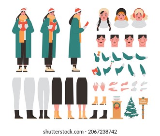 Young caucasian caroler constructor set. Woman wearing different outerwear singing Christmas songs. Girl holding lyrics books performing hymn. Flat vector illustration