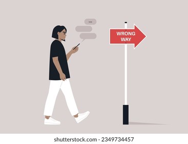 Young Caucasian character addicted to their smartphone ignoring a banana peel on their way