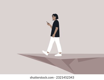 A young Caucasian character distracted by a smartphone striding to an abyss, nomophobia, millennial lifestyle