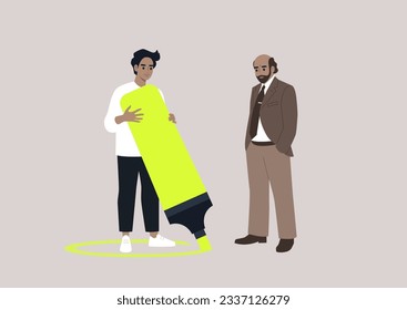 Young Caucasian character drawing a circle around themselves with a huge highlighter, social distancing, personal boundaries protection
