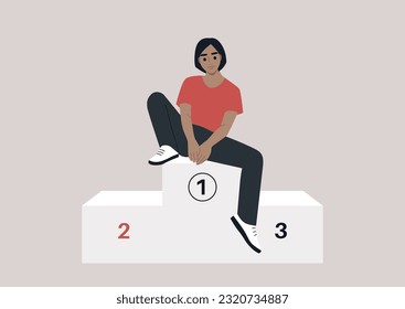 A young Caucasian character sitting on a winner podium, first place concept