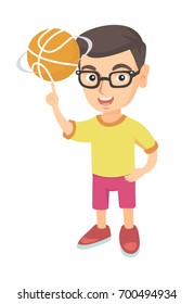 Young caucasian cheerful boy in glasses spinning a basketball ball on his finger. Happy little boy playing basketball. Vector sketch cartoon illustration isolated on white background.