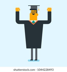 Young caucasian cheerful graduate in graduation cloak throwing up hat. Excited graduate with closed eyes and raised hands celebrating graduation. Vector cartoon illustration. Square layout.