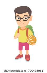 Young caucasian cheerful schoolboy with backpack holding a basketball ball. Full length of little schoolboy with a basketball ball. Vector sketch cartoon illustration isolated on white background.
