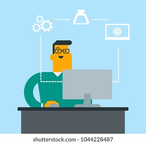 Young caucasian cheerful student sitting at the table and working on a laptop connected with icons of school sciences. Concept of educational technology. Vector cartoon illustration. Square layout.