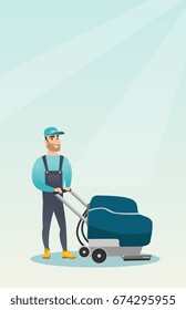 Young caucasian cleaner with cleaning equipment. Worker cleaning the store floor with a cleaning machine. Worker of supermarket cleaning service. Vector flat design illustration. Vertical layout.