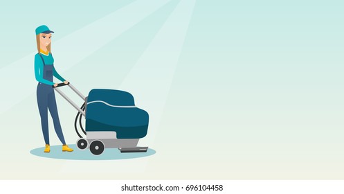 Young caucasian cleaner with cleaning equipment. Worker cleaning the store floor with a cleaning machine. Worker of supermarket cleaning service. Vector flat design illustration. Horizontal layout.