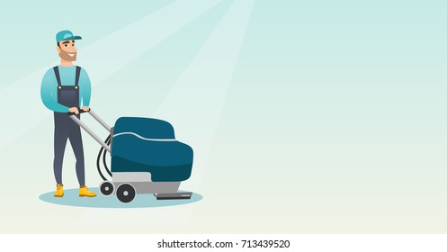 Young caucasian cleaner with cleaning equipment. Worker cleaning the store floor with a cleaning machine. Worker of supermarket cleaning service. Vector flat design illustration. Horizontal layout.