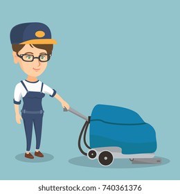Young caucasian cleaner with cleaning equipment. Worker cleaning the store floor with a cleaning machine. Worker of supermarket cleaning service. Vector cartoon illustration. Square layout.