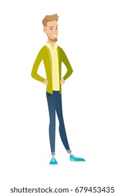 Young caucasian confident businessman. Full length of confident businessman. Businessman standing in a pose signifying confidence. Vector flat design illustration isolated on white background.
