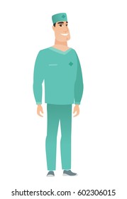 Young caucasian confident doctor in uniform. Full length of smiling confident doctor. Doctor standing in a pose signifying confidence. Vector flat design illustration isolated on white background