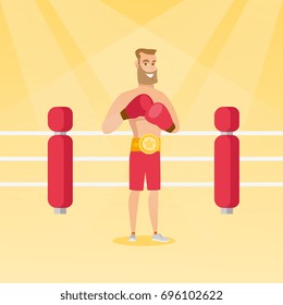 Young caucasian confident sportsman wearing a champion belt and boxing gloves. Full length of professional male boxer standing in the boxing ring. Vector flat design illustration. Square layout.