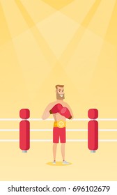 Young caucasian confident sportsman wearing a champion belt and boxing gloves. Full length of professional male boxer standing in the boxing ring. Vector flat design illustration. Vertical layout.