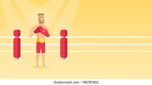 Young caucasian confident sportsman wearing a champion belt and boxing gloves. Full length of professional male boxer standing in the boxing ring. Vector flat design illustration. Horizontal layout.