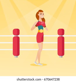 Young caucasian confident sportswoman wearing a champion belt and boxing gloves. Full length of professional female boxer standing in the boxing ring. Vector flat design illustration. Square layout.