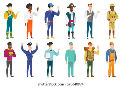 Young caucasian confident surgeon. Full length of smiling confident surgeon. Surgeon standing in a pose signifying confidence. Set of vector flat design illustrations isolated on white background.