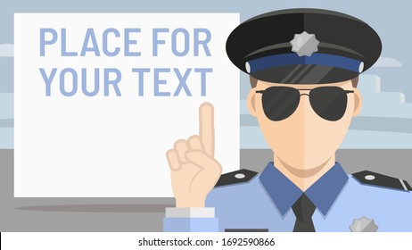 Young caucasian cop or police officer in police cap and blue uniform pointing at empty sign with space for your text. Vector flat style cartoon illustration concept. Warning poster sign template 16:9