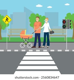 Young caucasian couple with a baby stroller stands at pedestrian crossing, city life concept. People walking at city. flat vector illustration