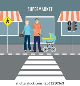 young caucasian couple with a baby stroller stands at a pedestrian crossing, city life concept, flat vector illustration