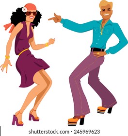 Young Caucasian couple dressed in 1970s fashion dancing disco, vector illustration, isolated on white, no transparencies, EPS 8