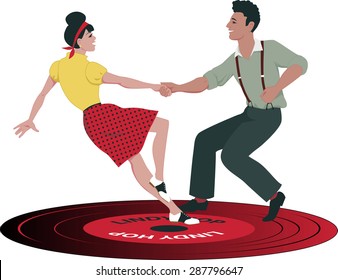 Young Caucasian couple dressed in late 1940s early 1950s fashion dancing lindy hop on a vinyl record, no transparencies, EPS 8