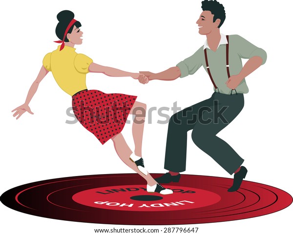 Young Caucasian couple dressed in late 1940s early\
1950s fashion dancing lindy hop on a vinyl record, no\
transparencies, EPS 8