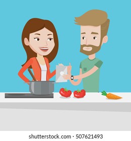 Young caucasian couple following recipe for healthy vegetable meal on digital tablet. Couple cooking healthy meal. Couple having fun cooking together. Vector flat design illustration. Square layout.