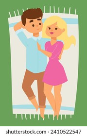 Young caucasian couple relaxing in a notebook dreamy atmosphere. Blonde girl and brown-haired boy smiling, romantic mood vector illustration.