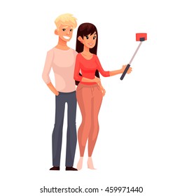 Young caucasian couple taking selfie, cartoon style vector illustration. Young casually dressed man and woman taking pictures of themselves using phone and monopod