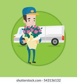 Young caucasian delivery courier with flowers standing on the background of delivery truck. Delivery courier delivering flowers. Vector flat design illustration in the circle isolated on background.