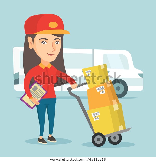 Young caucasian delivery courier pushing the\
trolley with cardboard boxes. Delivery courier standing in front of\
delivery truck and holding a clipboard. Vector cartoon\
illustration. Square\
layout.