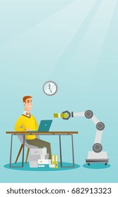 Young caucasian developer programming robotic hand on laptop in office. Happy developer receiving a profit from the development of robotic technologies. Vector cartoon illustration. Vertical layout.