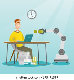 Young caucasian developer programming robotic hand on his laptop in office. Happy developer receiving a profit from the development of robotic technologies. Vector cartoon illustration. Square layout.