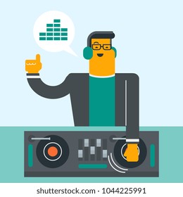Young caucasian DJ mixing music on vinyl turntables. DJ playing the track and mixing music on deck. DJ in headphones at nightclub during party. Vector cartoon illustration. Square layout.