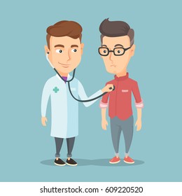Young caucasian doctor listening to chest of patient with stethoscope. Adult patient visiting doctor. Doctor examining chest of a patient. Vector flat design illustration. Square layout.