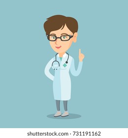 Young caucasian doctor pointing finger up. Doctor in medical gown showing finger up. Full length of smiling doctor with finger up. Vector cartoon illustration. Square layout.