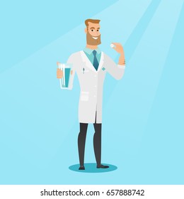 Young caucasian doctor taking pills. Hipster doctor holding pills and glass of water in hands. Happy smiling man taking pills. Healthy lifestyle concept. Vector flat design illustration. Square layout