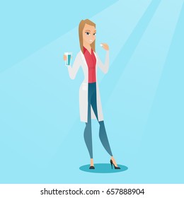 Young caucasian doctor taking pills. Cheerful doctor holding pills and glass of water in hands. Smiling woman taking pills. Healthy lifestyle concept. Vector flat design illustration. Square layout.
