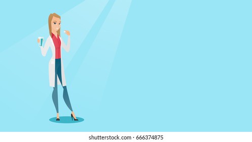 Young caucasian doctor taking pills. Cheerful doctor holding pills and glass of water in hands. Happy woman taking pills. Healthy lifestyle concept. Vector flat design illustration. Horizontal layout.