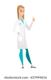 Young caucasian doctor in uniform giving thumb up. Full length of smiling doctor with thumb up. Cheerful doctor showing thumb up. Vector flat design illustration isolated on white background.