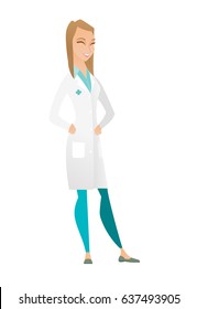 Young caucasian doctor in uniform laughing. Doctor laughing with hands on her stomach. Doctor laughing with closed eyes and open mouth. Vector flat design illustration isolated on white background.