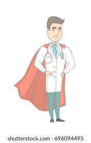 Young caucasian doctor wearing a red superhero cloak. Full length of successful doctor dressed as a superhero in a red cloak. Vector sketch cartoon illustration isolated on white background.