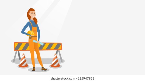 Junge, kaukasische Ingenieurin mit Bauplan am Baugelände. Ingenieur, der einen harten Hut und einen verdrehten Blaupausen hält. Bauarbeiten zur Prüfung durch den Ingenieur. Vektorflache Design-Illustration. Horizontales Layout.